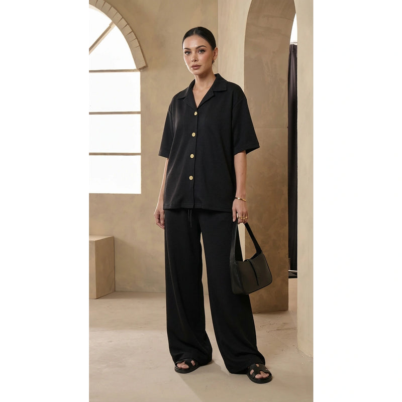 Black Waffle Cuban Collar Shirt | Montivo Pakistan