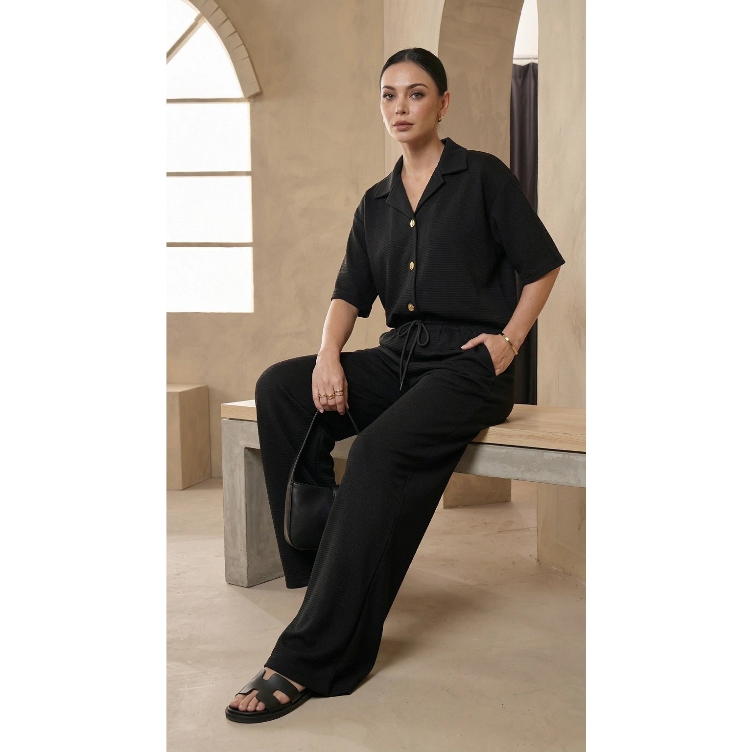 Black Waffle Cuban Collar Shirt | Montivo Pakistan