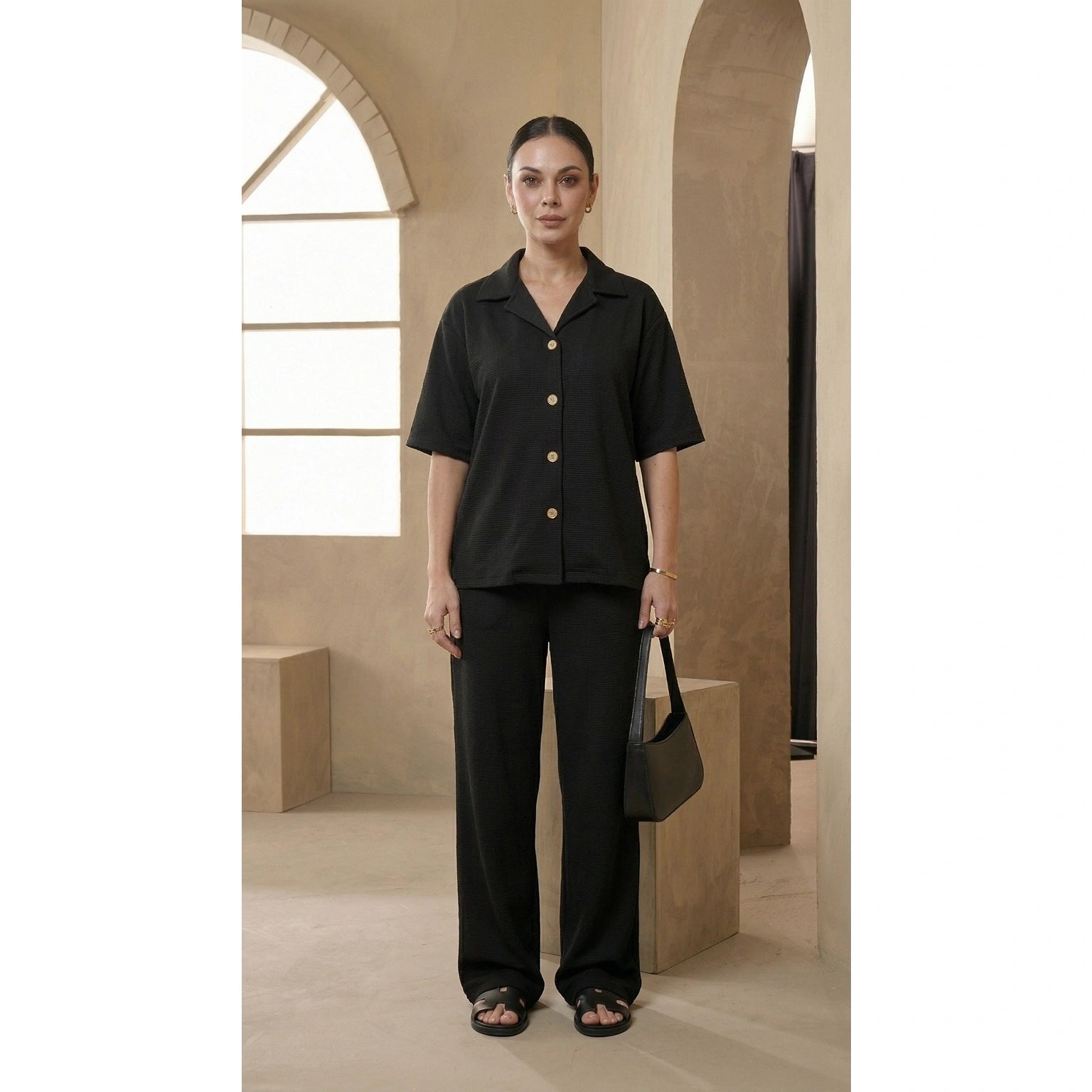 Black Waffle Cuban Collar Shirt | Montivo Pakistan