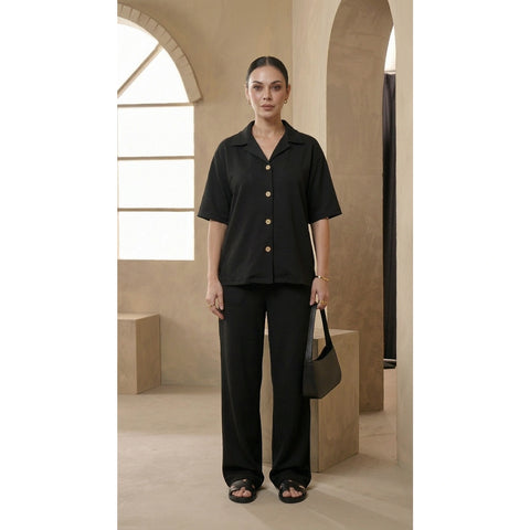 Black Waffle Cuban Collar Shirt | Montivo Pakistan