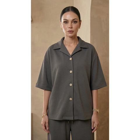 Steel Grey Waffle Cuban Collar Shirt | Montivo Pakistan