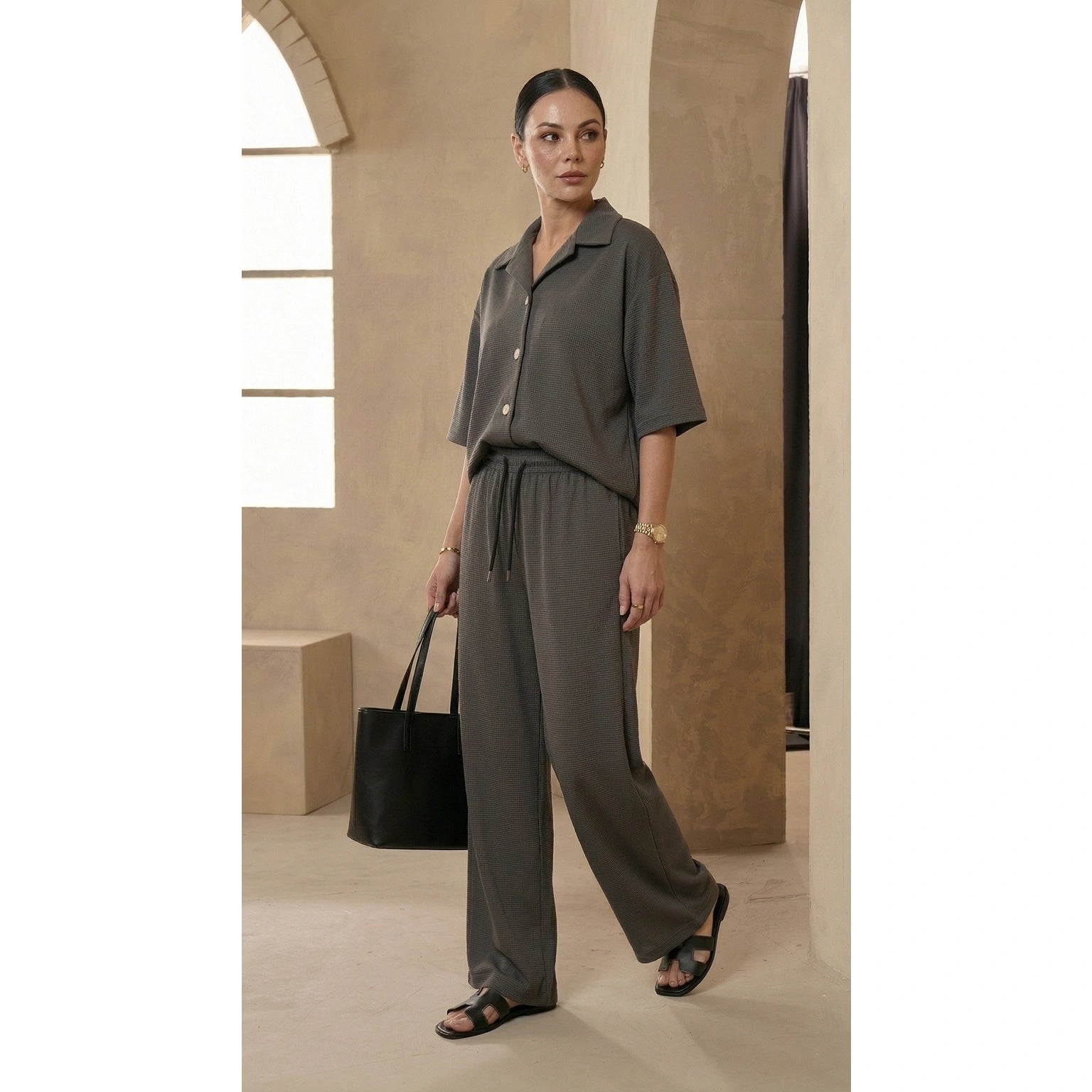 Steel Grey Waffle Cuban Collar Shirt | Montivo Pakistan