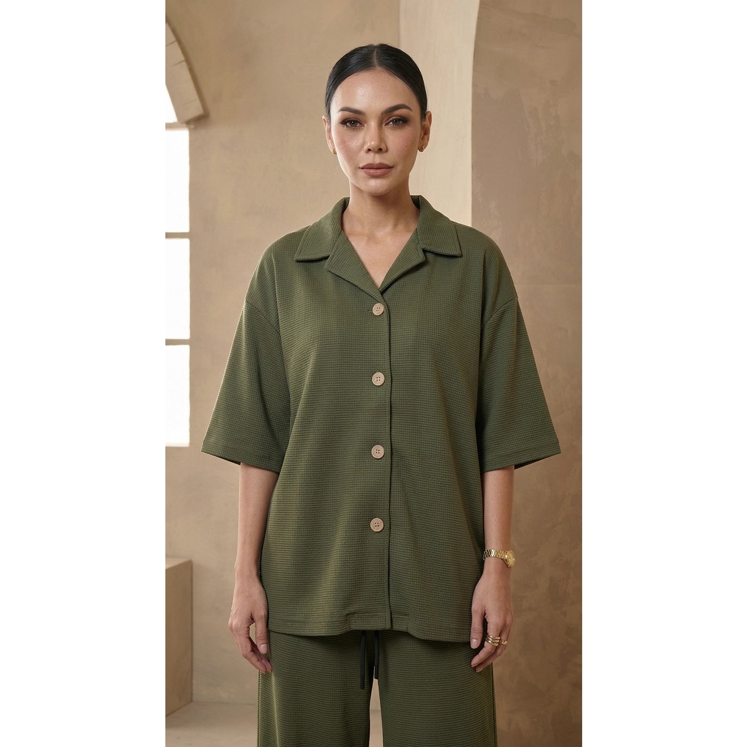 Green Waffle Cuban Collar Shirt | Montivo Pakistan