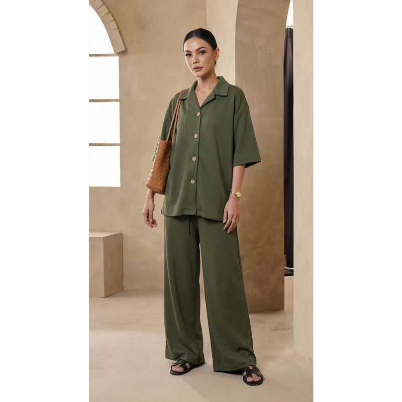 Green Waffle Cuban Collar Shirt | Montivo Pakistan