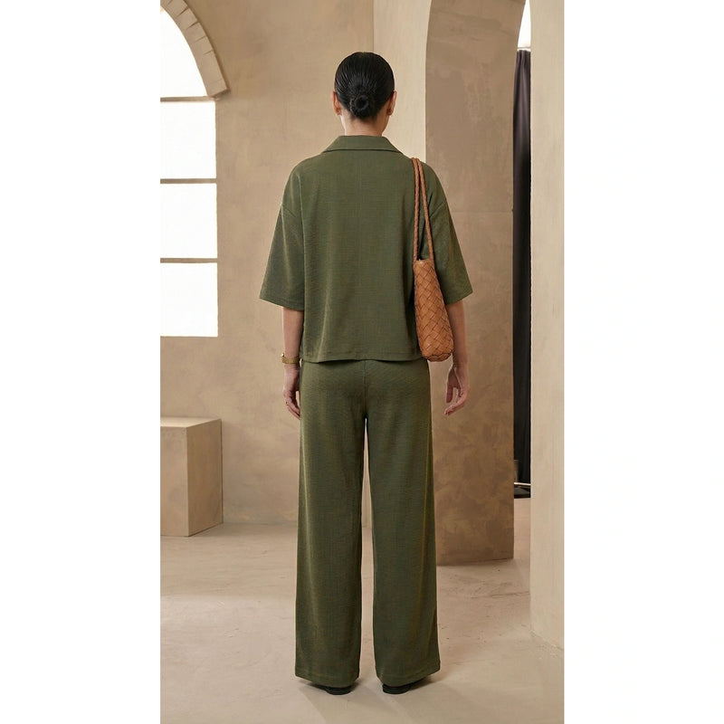 Green Waffle Wide Leg Trousers | Montivo Pakistan