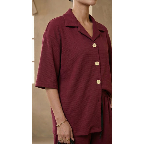 Burgundy Waffle Cuban Collar Shirt | Montivo Pakistan