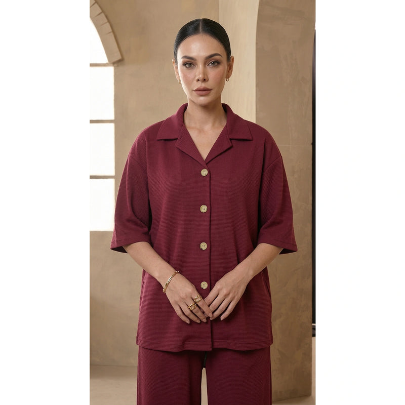 Burgundy Waffle Cuban Collar Shirt | Montivo Pakistan