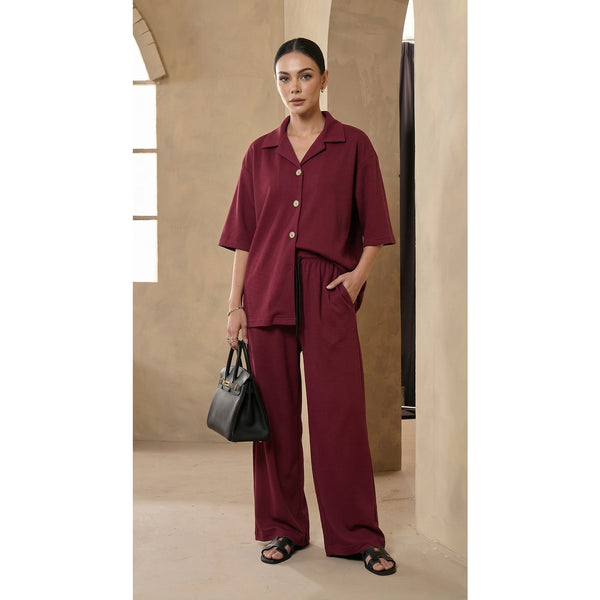 Burgundy Waffle Wide Leg Trousers | Montivo Pakistan