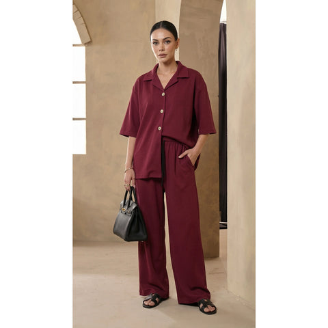 Burgundy Waffle Cuban Collar Shirt | Montivo Pakistan