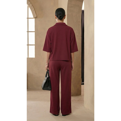 Burgundy Waffle Wide Leg Trousers | Montivo Pakistan