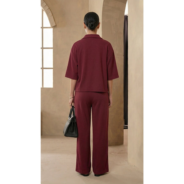 Burgundy Waffle Cuban Collar Shirt | Montivo Pakistan