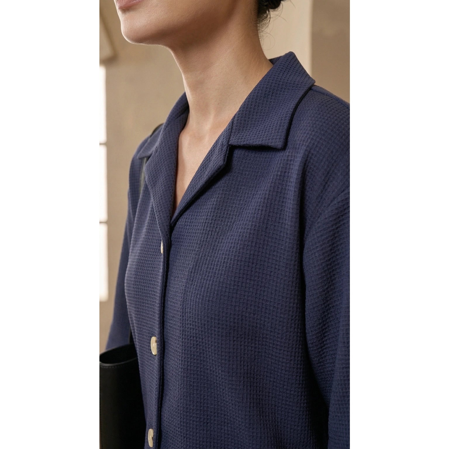 Navy Blue Waffle Cuban Collar Shirt | Montivo Pakistan