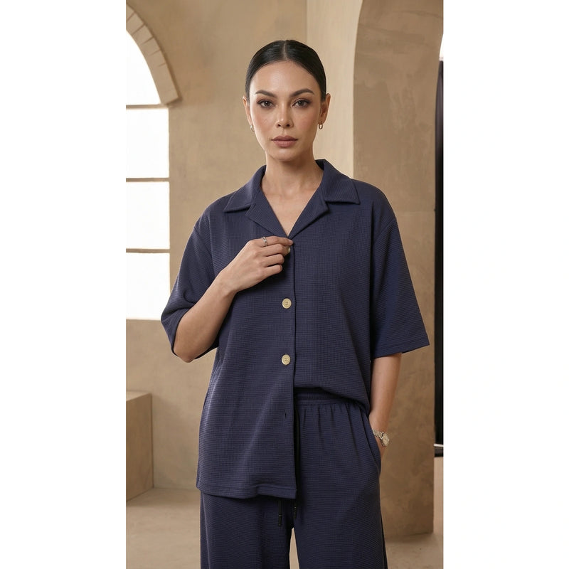 Navy Blue Waffle Cuban Collar Shirt | Montivo Pakistan