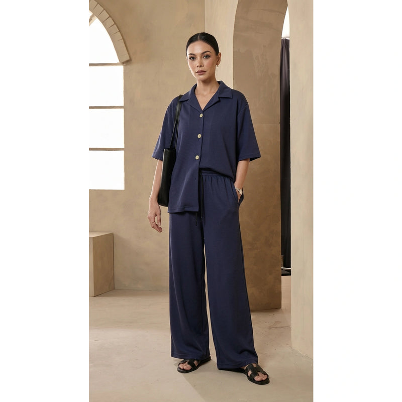 Navy Blue Waffle Cuban Collar Shirt | Montivo Pakistan