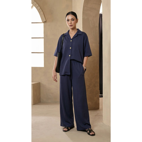 Navy Blue Waffle Cuban Collar Shirt | Montivo Pakistan