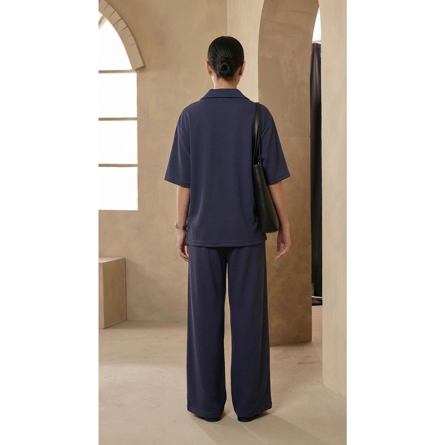 Navy Blue Waffle Cuban Collar Shirt | Montivo Pakistan