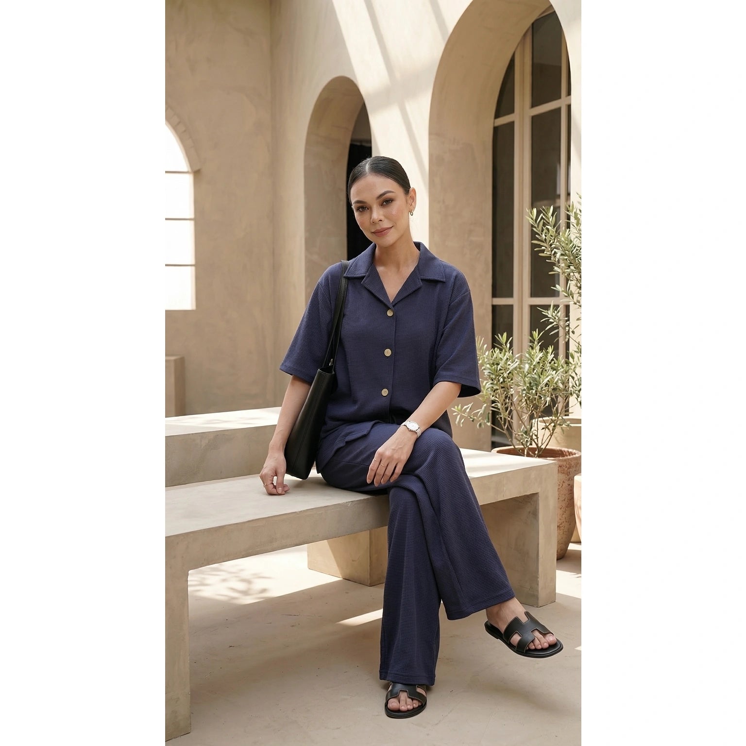 Navy Blue Waffle Cuban Collar Shirt | Montivo Pakistan