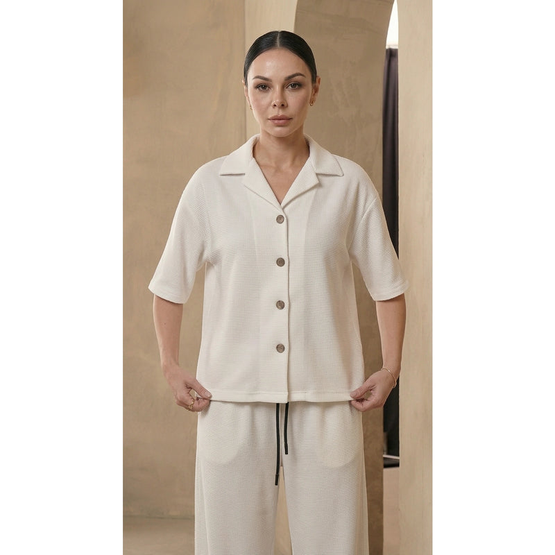 White Waffle Cuban Collar Shirt | Montivo Pakistan