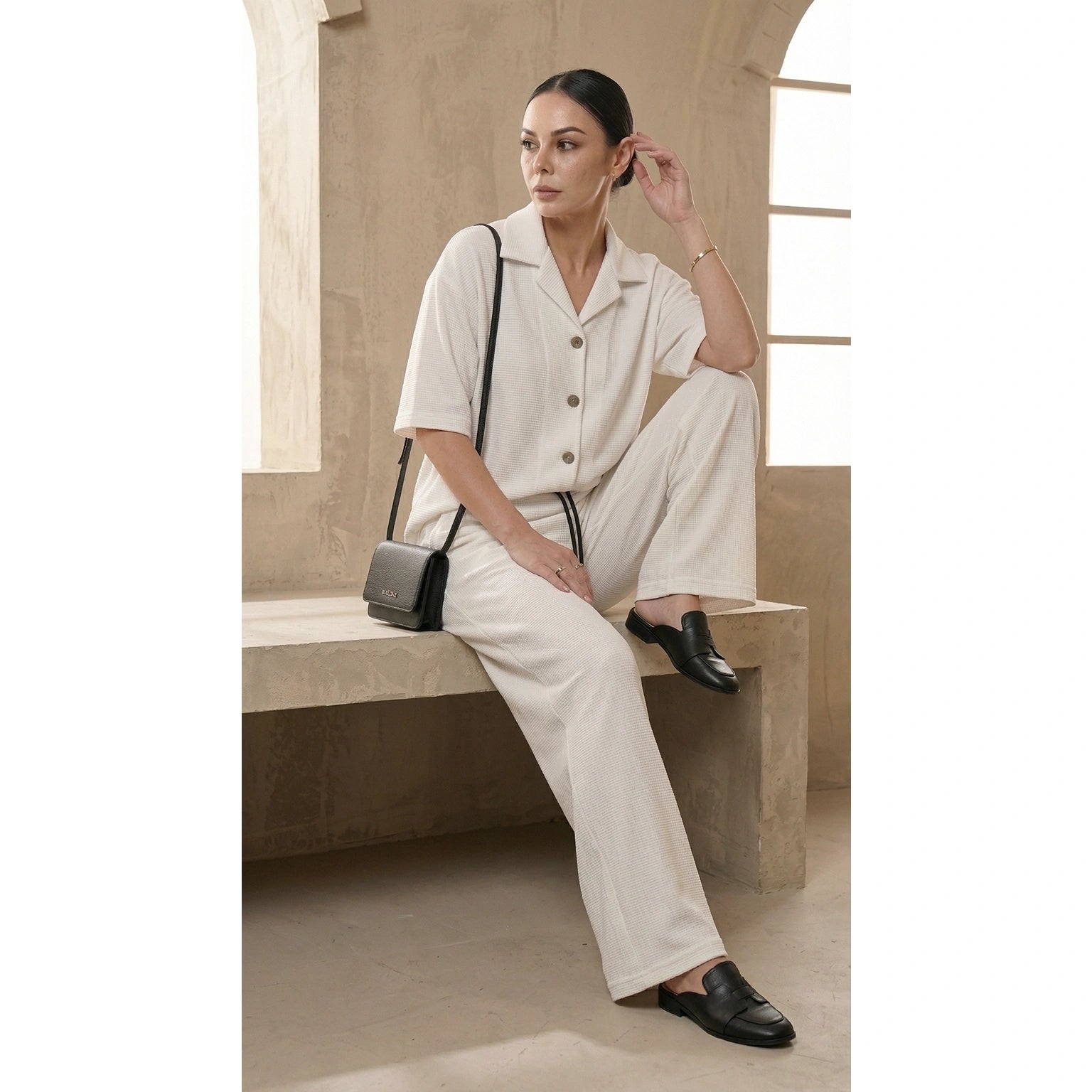 White Waffle Cuban Collar Shirt | Montivo Pakistan