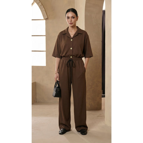 Coffee Waffle Wide Leg Trousers | Montivo Pakistan