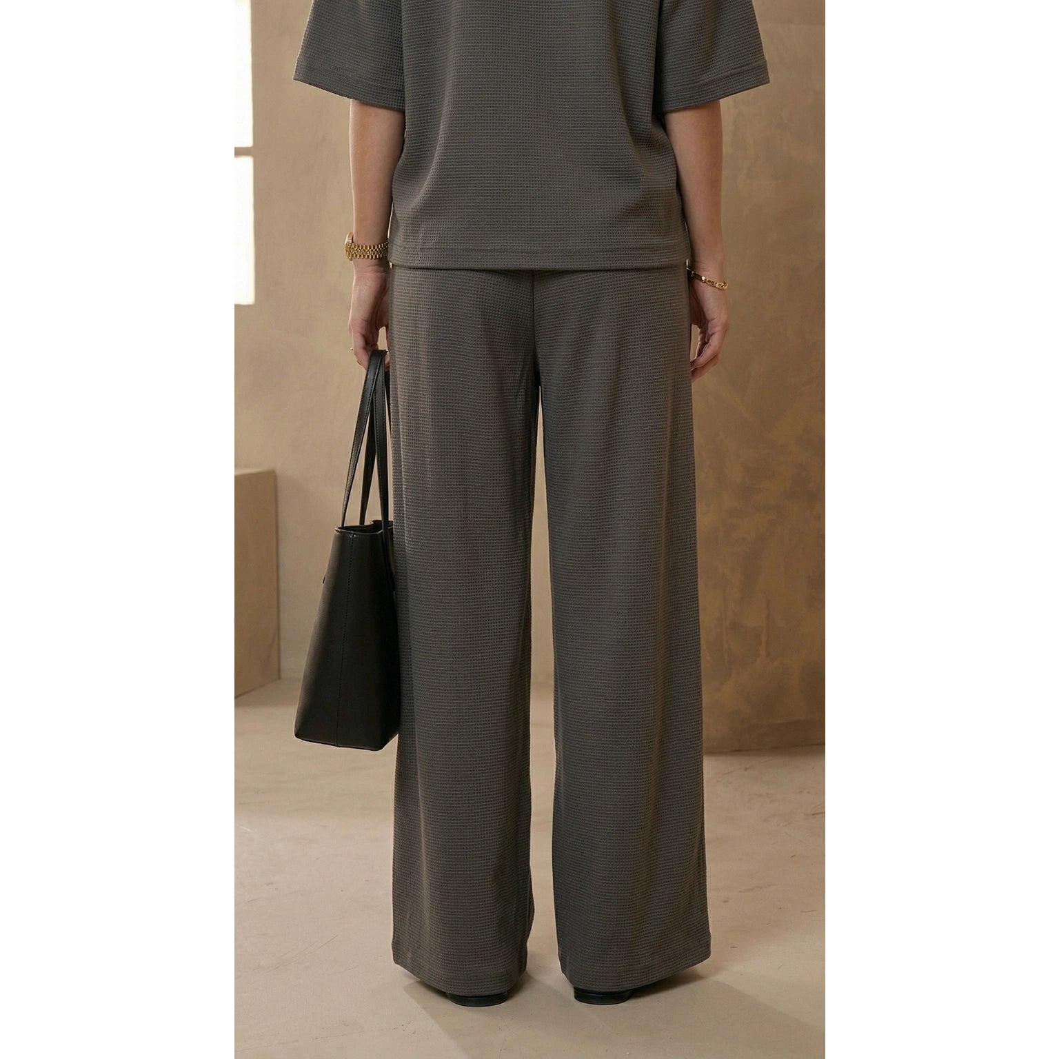 Steel Grey Waffle Wide Leg Trousers | Montivo Pakistan