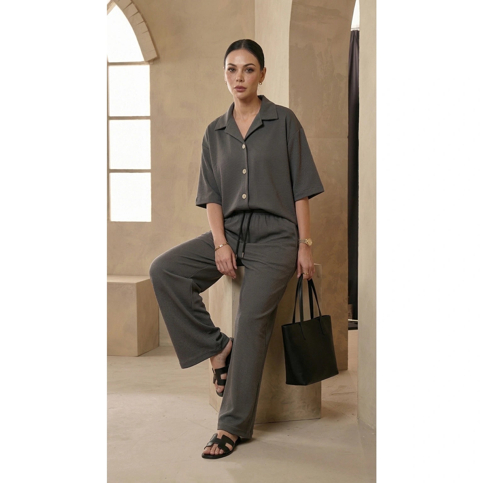 Steel Grey Waffle Wide Leg Trousers | Montivo Pakistan