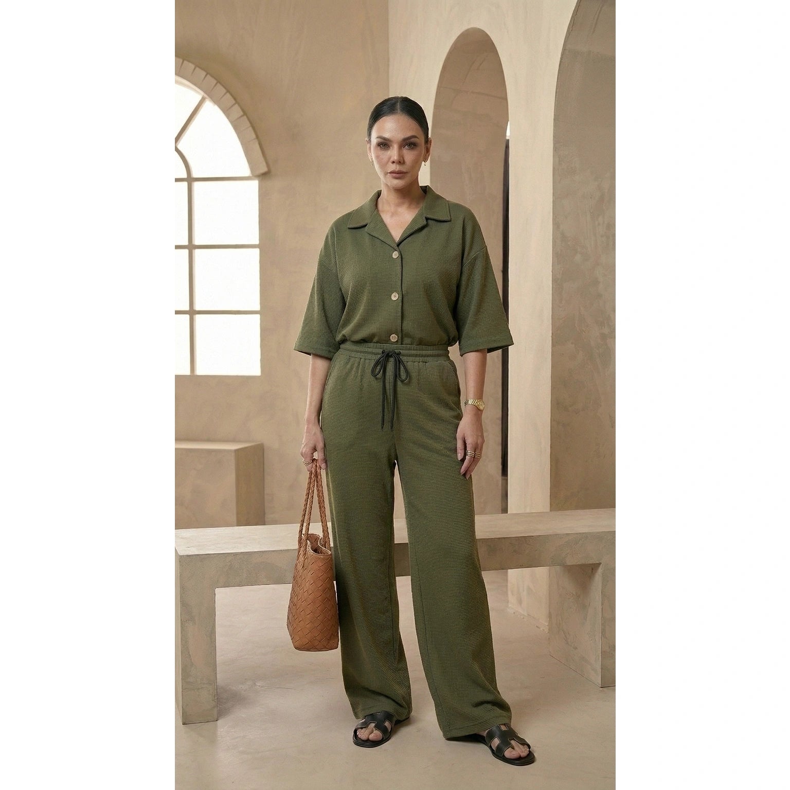 Green Waffle Wide Leg Trousers | Montivo Pakistan