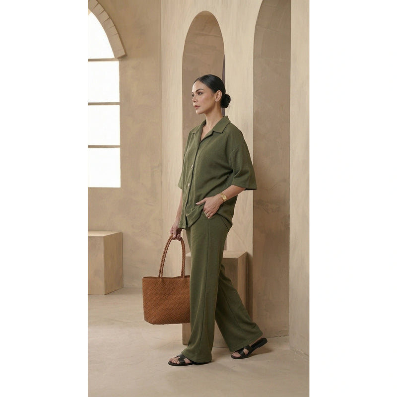 Green Waffle Wide Leg Trousers | Montivo Pakistan