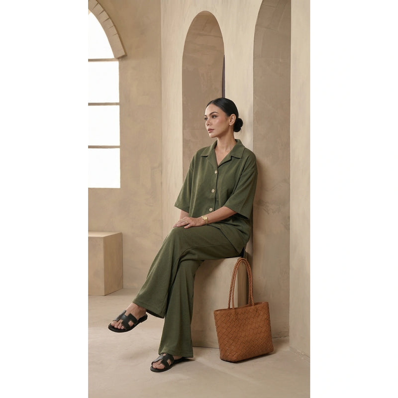 Green Waffle Wide Leg Trousers | Montivo Pakistan