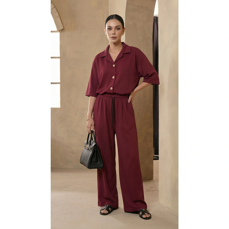 Burgundy Waffle Wide Leg Trousers | Montivo Pakistan