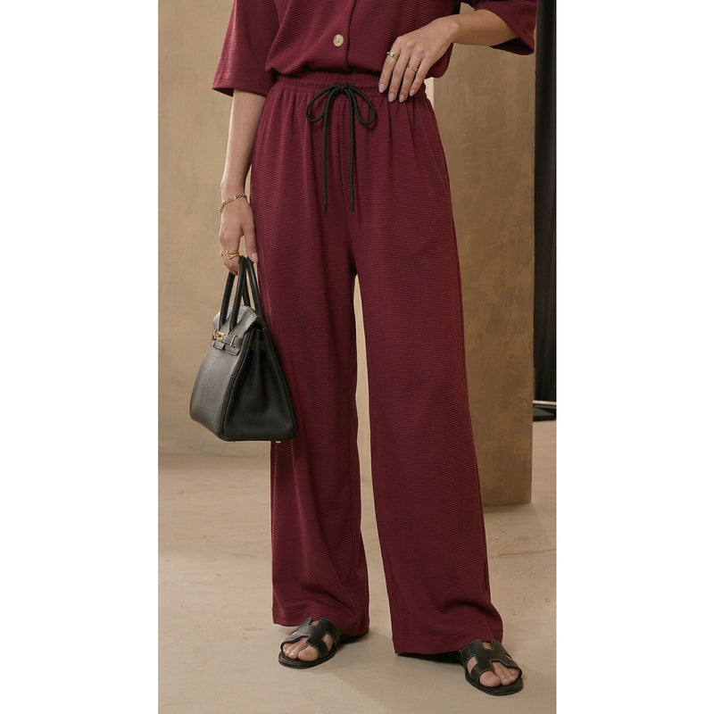 Burgundy Waffle Wide Leg Trousers | Montivo Pakistan
