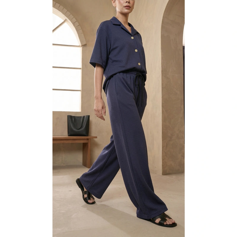 Navy Blue Waffle Wide Leg Trousers | Montivo Pakistan