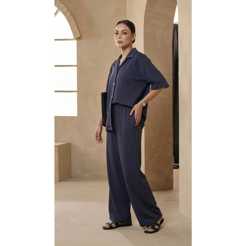 Navy Blue Waffle Wide Leg Trousers | Montivo Pakistan