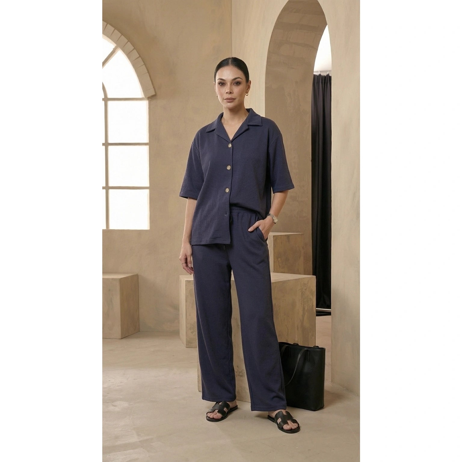 Navy Blue Waffle Wide Leg Trousers | Montivo Pakistan