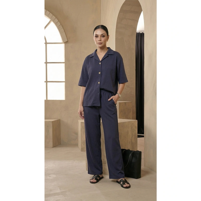 Navy Blue Waffle Wide Leg Trousers | Montivo Pakistan