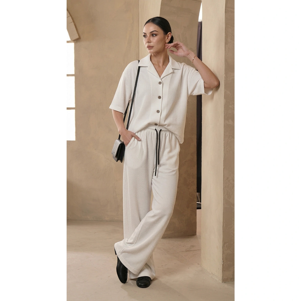 White Waffle Wide Leg Trousers | Montivo Pakistan