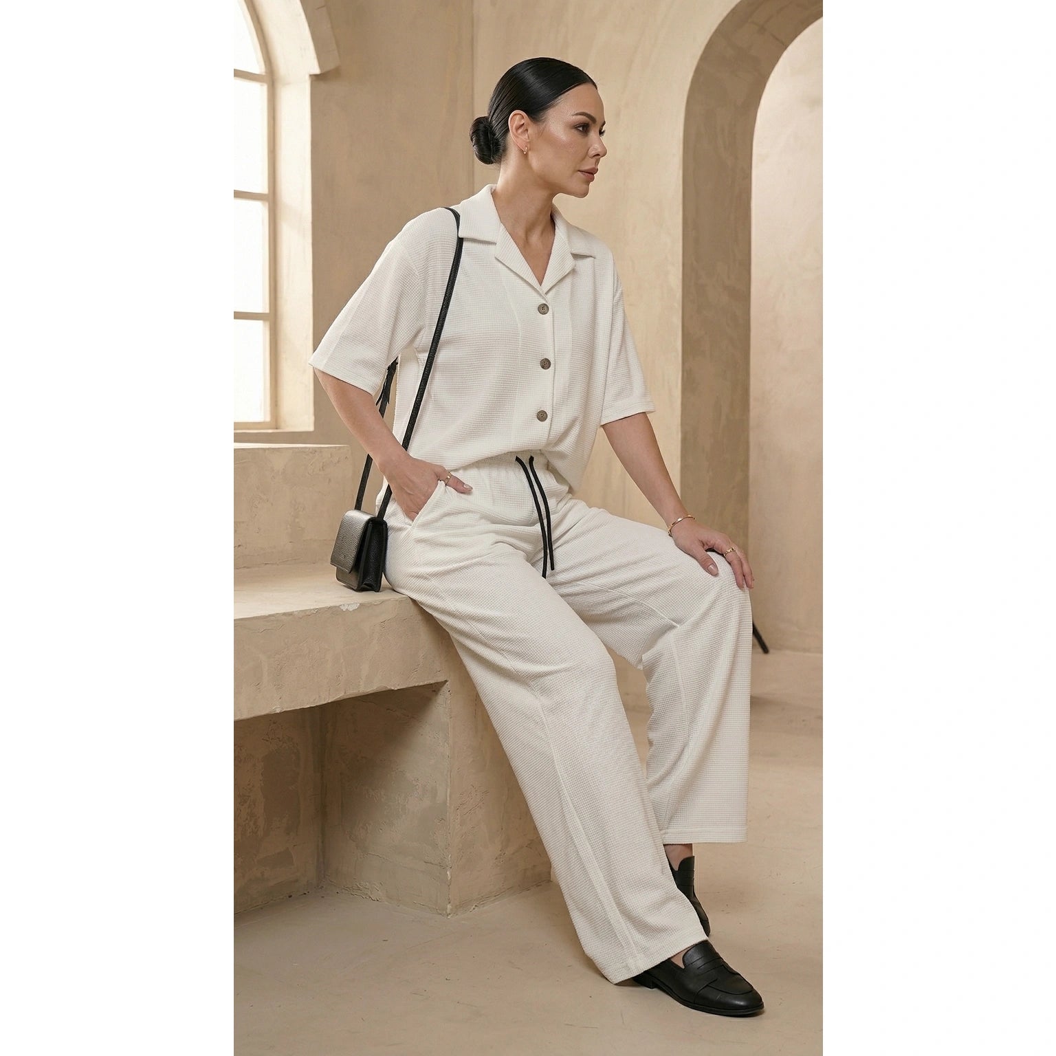 White Waffle Wide Leg Trousers | Montivo Pakistan