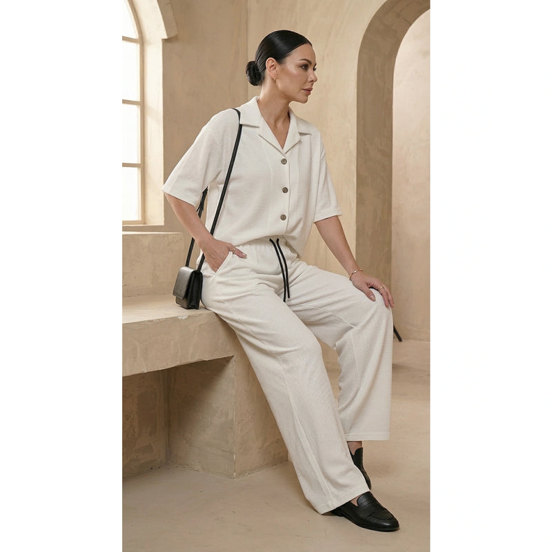 White Waffle Wide Leg Trousers | Montivo Pakistan