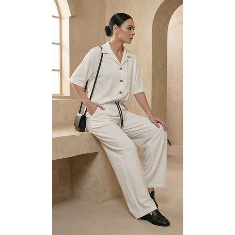 White Waffle Wide Leg Trousers | Montivo Pakistan