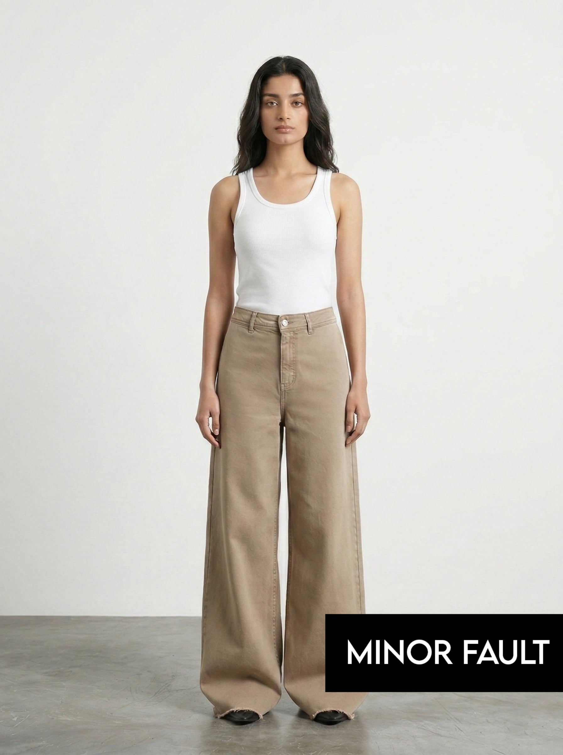 (Minor Fault) Light Brown Frayed Hem Wide Leg Jeans | Montivo Pakistan