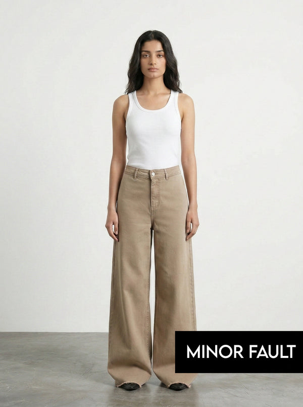 (Minor Fault) Light Brown Frayed Hem Wide Leg Jeans | Montivo Pakistan