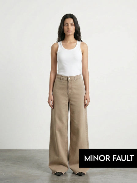 (Minor Fault) Light Brown Frayed Hem Wide Leg Jeans | Montivo Pakistan