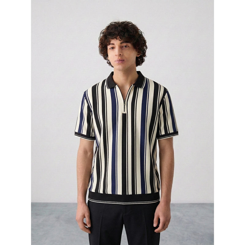 Blue Stripes Zipper Regular Fit Polo | Montivo Pakistan