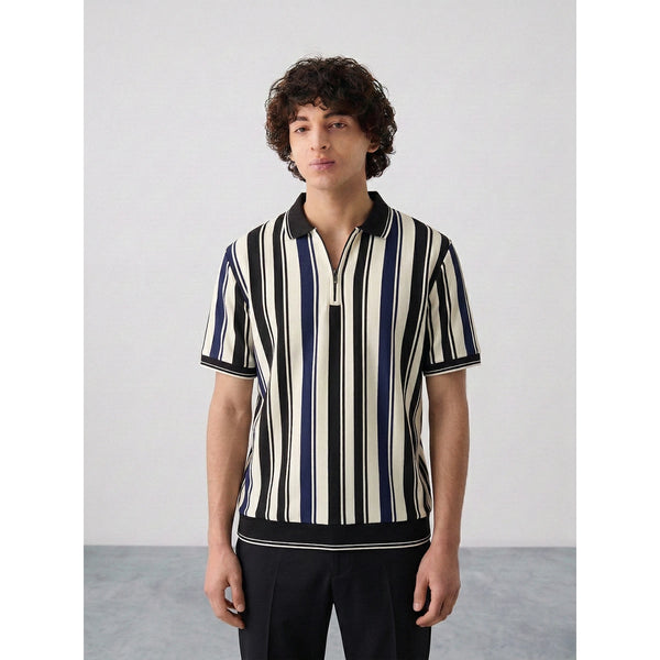 Blue Stripes Zipper Regular Fit Polo | Montivo Pakistan