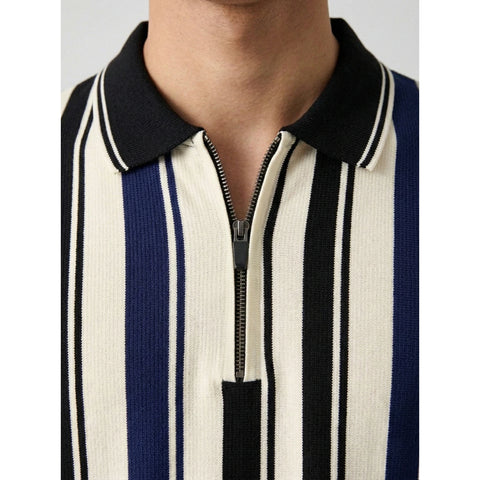 Blue Stripes Zipper Regular Fit Polo | Montivo Pakistan