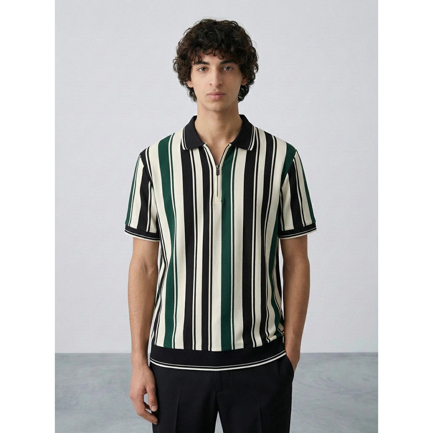 Green Stripes Zipper Regular Fit Polo | Montivo Pakistan