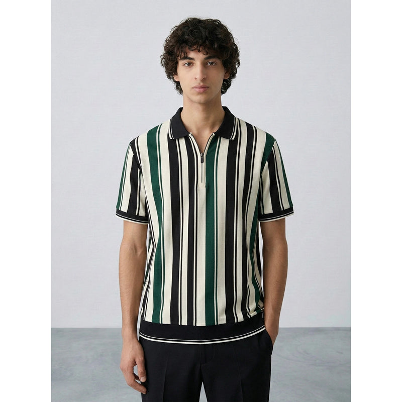 Green Stripes Zipper Regular Fit Polo | Montivo Pakistan