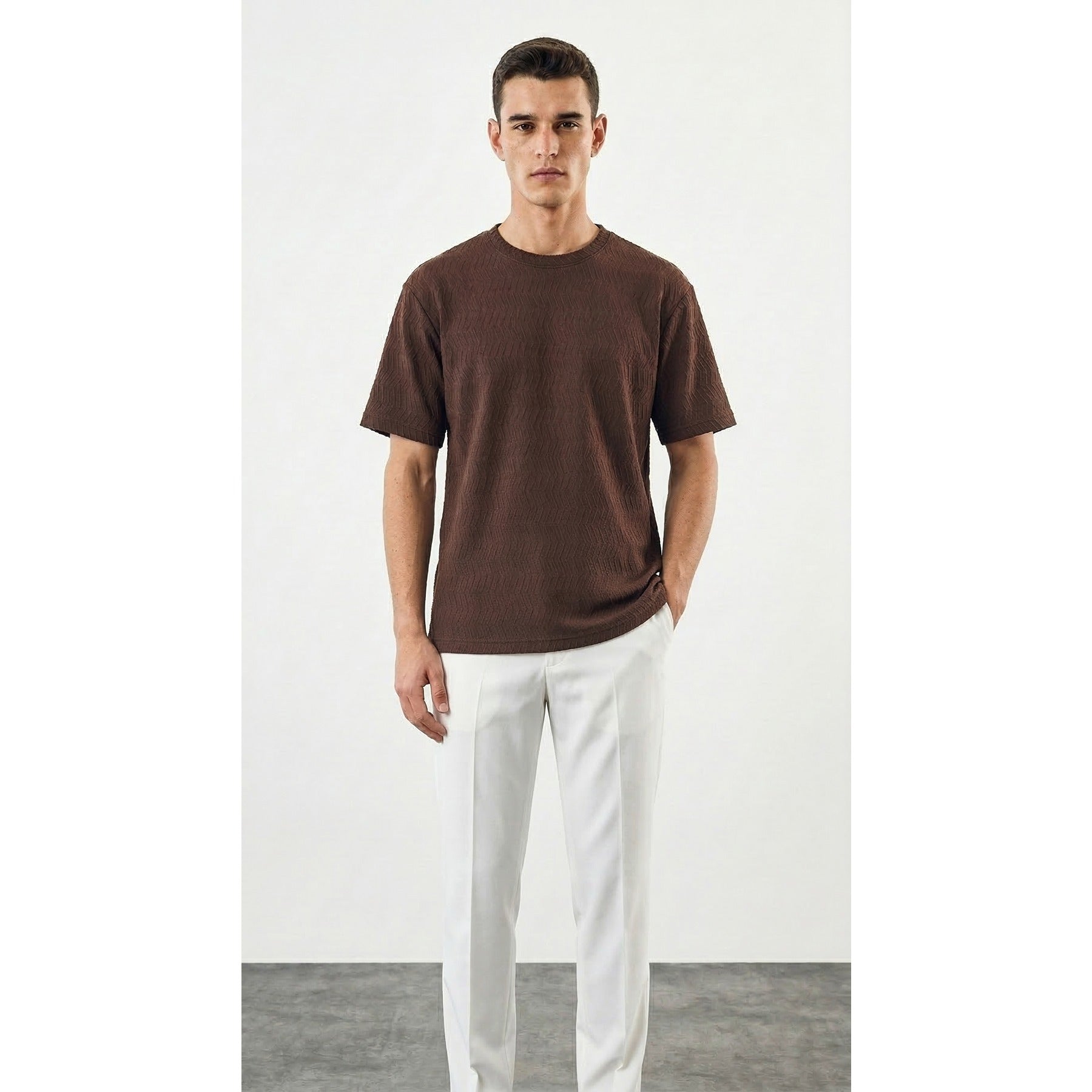 Brown Textured Crew Neck Tshirt | Montivo Pakistan