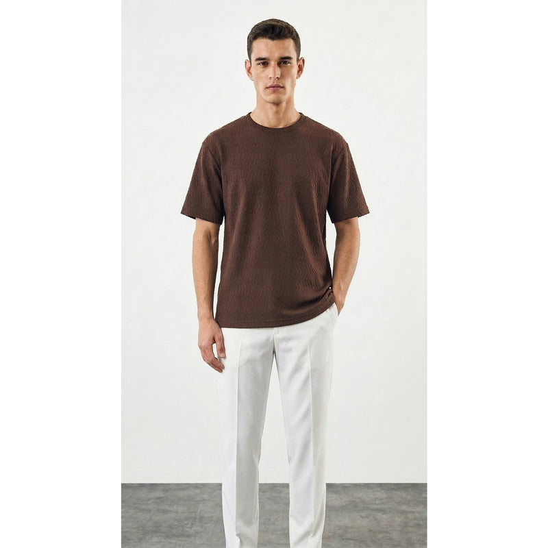 Brown Textured Crew Neck Tshirt | Montivo Pakistan