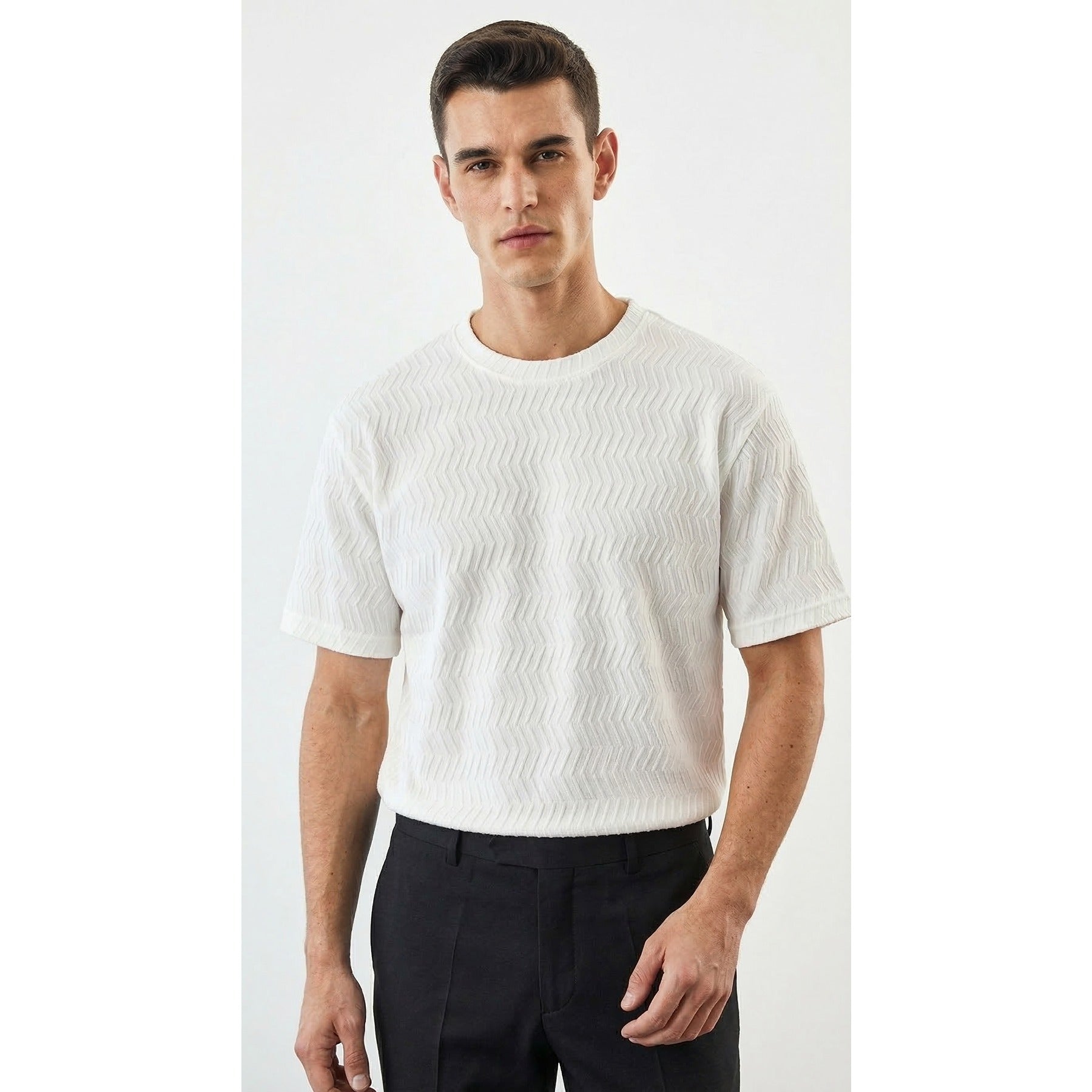 White Textured Crew Neck Tshirt | Montivo Pakistan